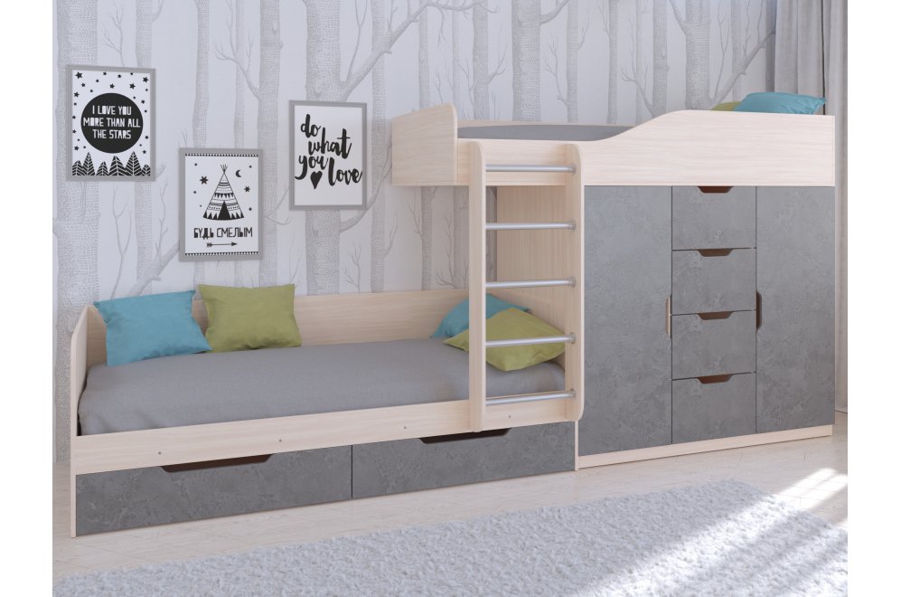 Двухъярусная кровать Астра 6 дуб молочный / железный камень