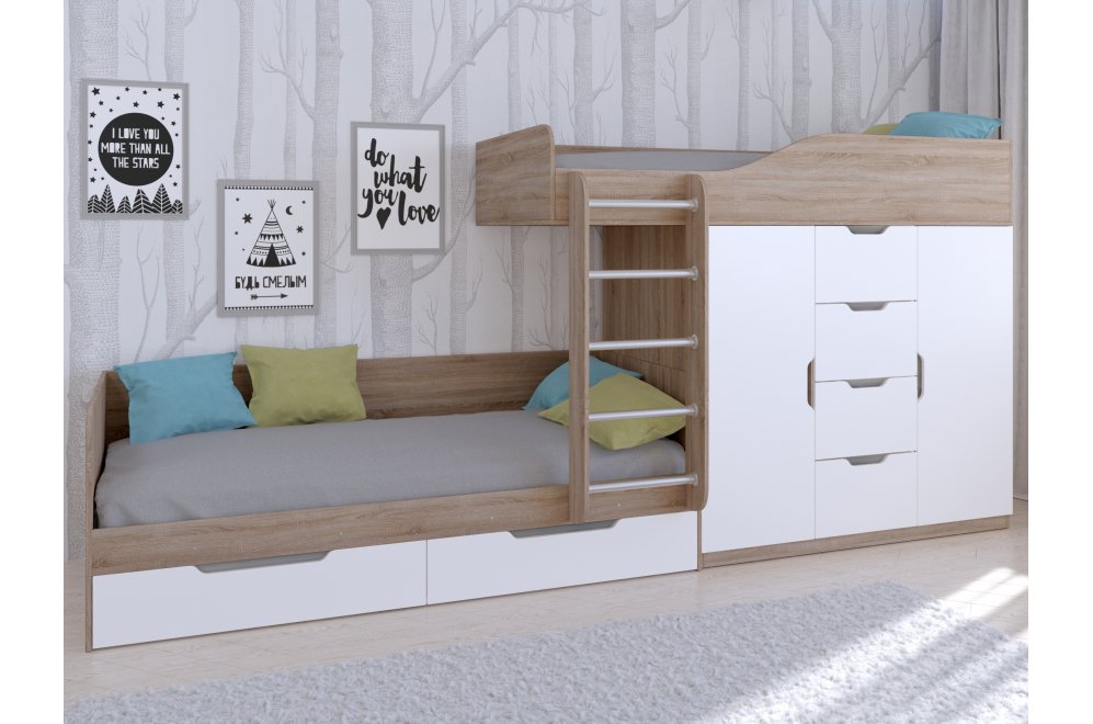 Двухъярусная кровать Астра 6 дуб сонома / белый