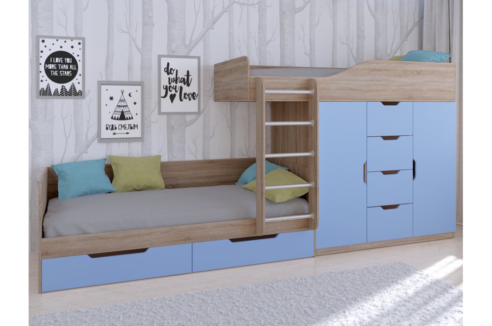 Двухъярусная кровать Астра 6 дуб сонома / голубой