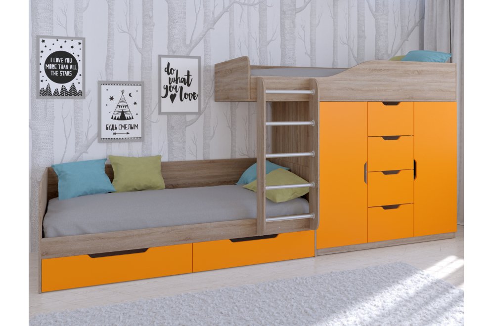 Двухъярусная кровать Астра 6 дуб сонома / оранжевый