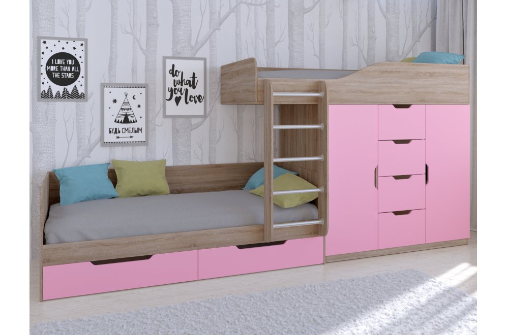 Двухъярусная кровать Астра 6 дуб сонома / розовый