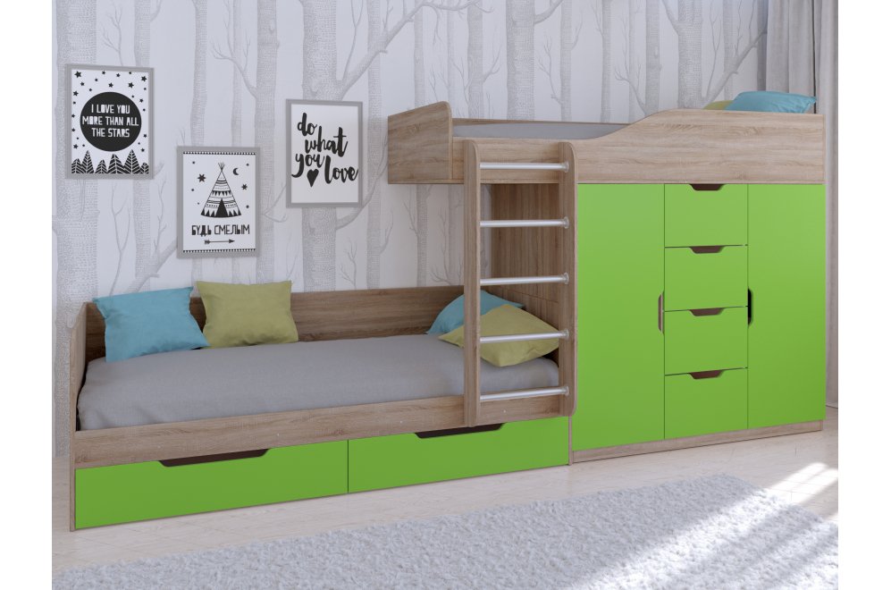 Двухъярусная кровать Астра 6 дуб сонома / салатовый