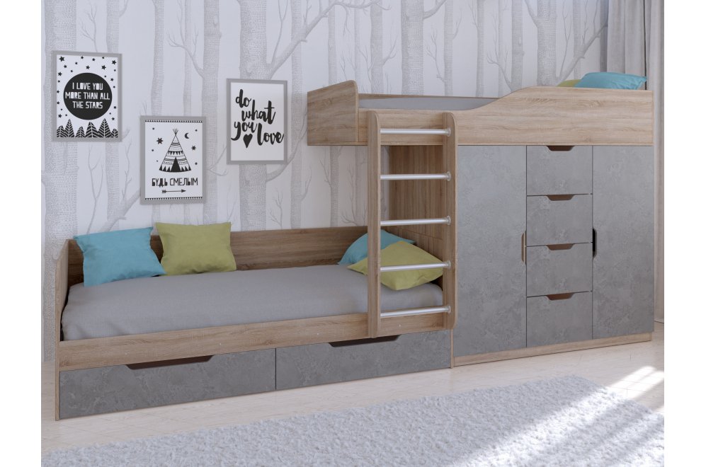 Двухъярусная кровать Астра 6 дуб сонома / железный камень