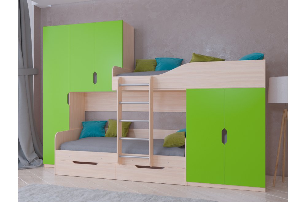 Двухъярусная кровать Лео дуб молочный / салатовый