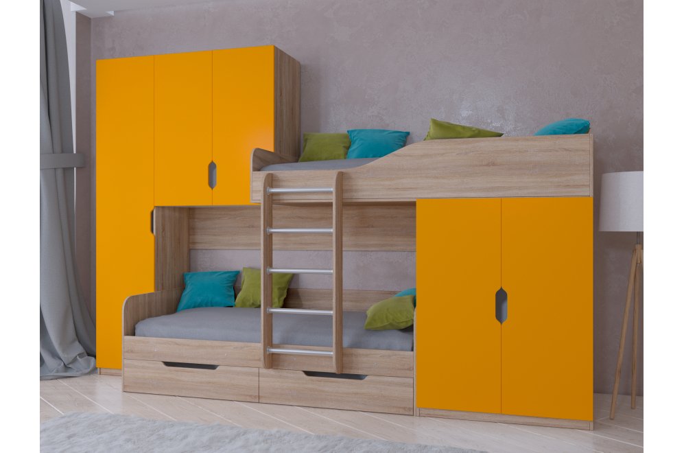 Двухъярусная кровать Лео дуб сонома / оранжевый