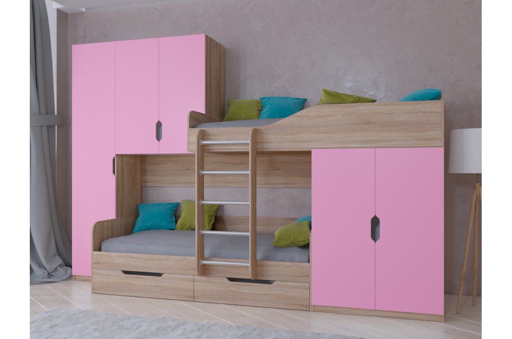 Двухъярусная кровать Лео дуб сонома / розовый