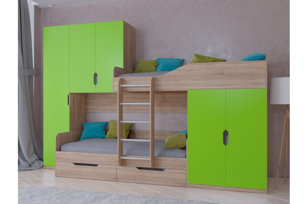 Двухъярусная кровать Лео дуб сонома / салатовый