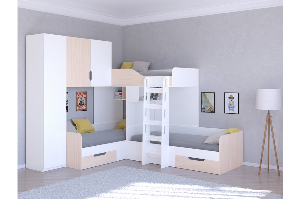 Двухъярусная кровать Трио 1 белый / дуб молочный