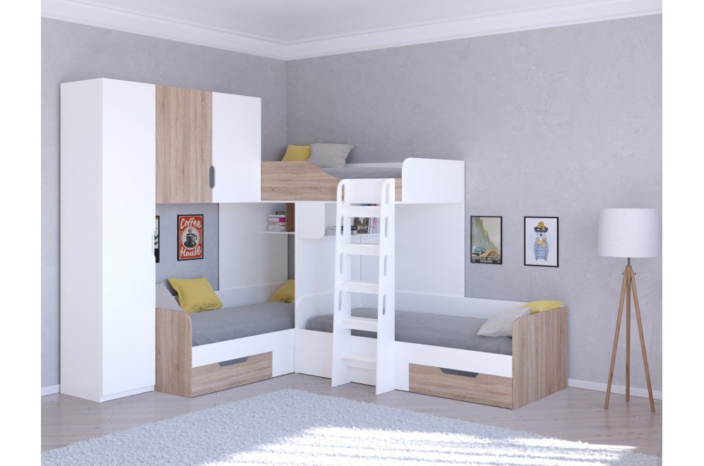 Двухъярусная кровать Трио 1 белый / дуб сонома