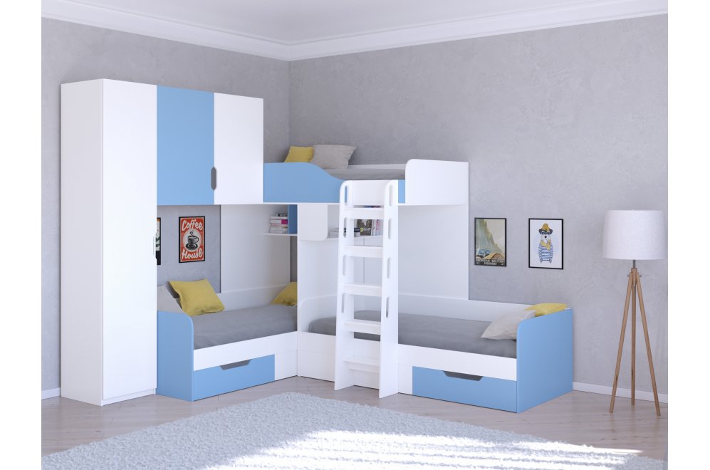 Двухъярусная кровать Трио 1 белый / голубой