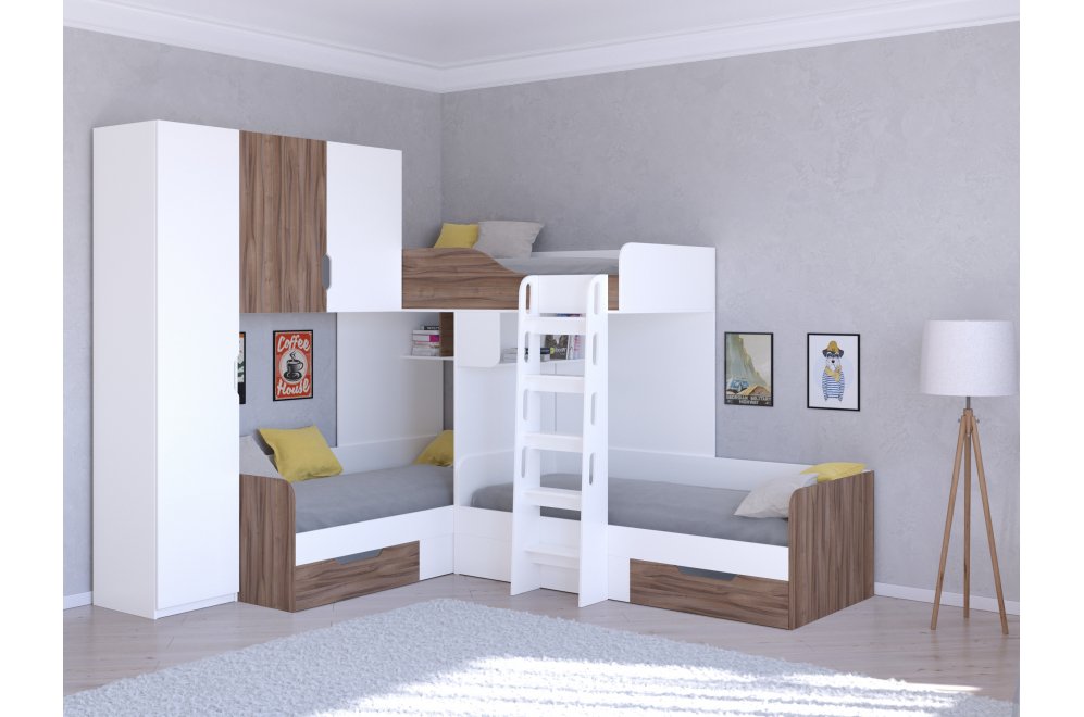 Двухъярусная кровать Трио 1 белый / орех