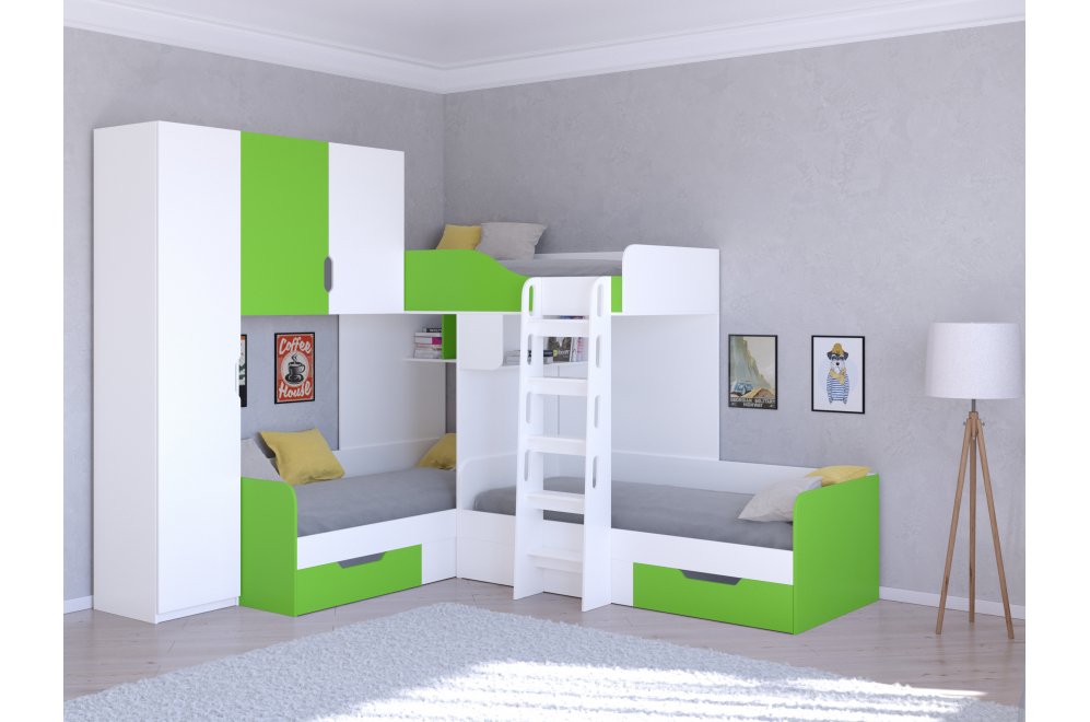 Двухъярусная кровать Трио 1 белый / салатовый