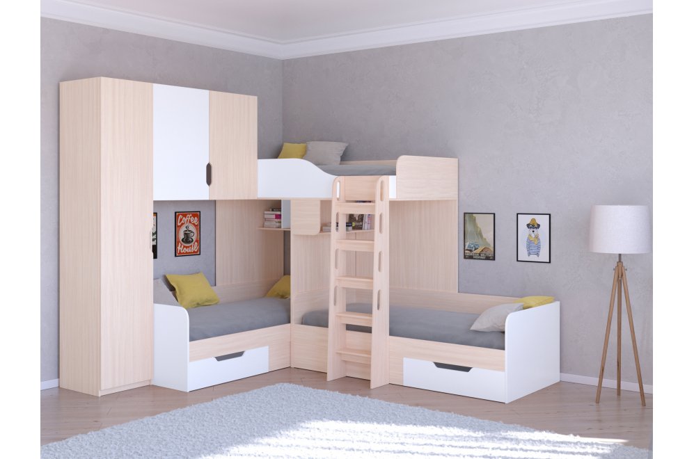 Двухъярусная кровать Трио 1 дуб молочный / белый