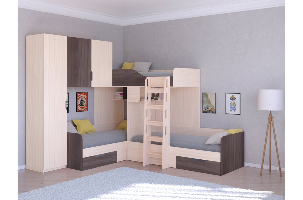 Двухъярусная кровать Трио 1 дуб молочный / дуб шамони