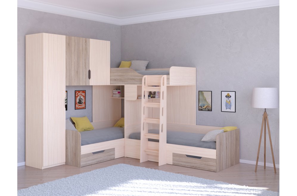 Двухъярусная кровать Трио 1 дуб молочный / дуб сонома