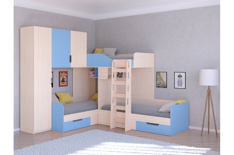 Двухъярусная кровать Трио 1 дуб молочный / голубой