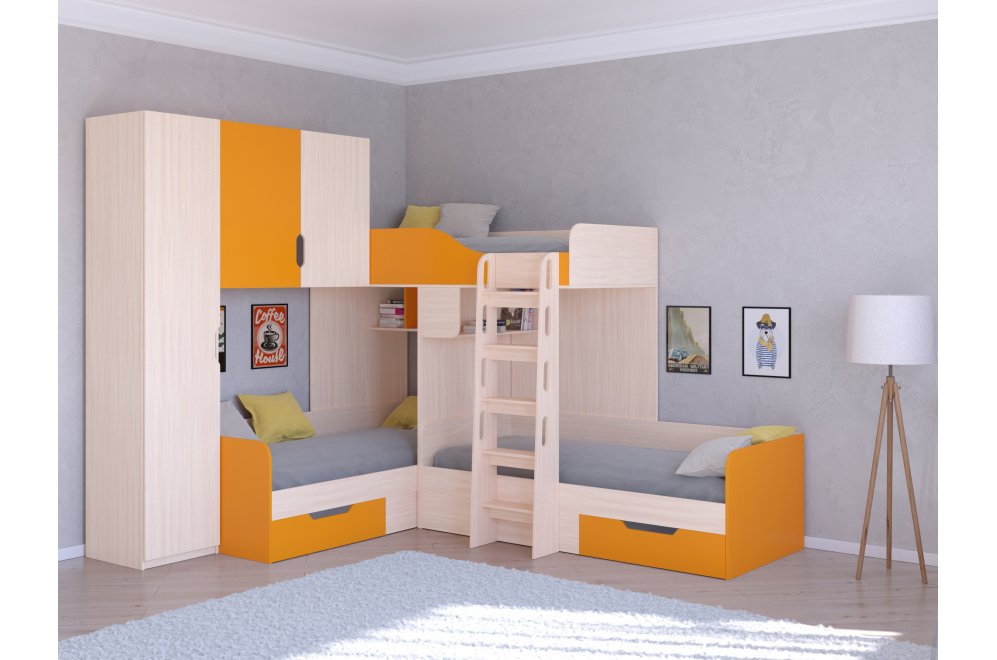 Двухъярусная кровать Трио 1 дуб молочный / оранжевый
