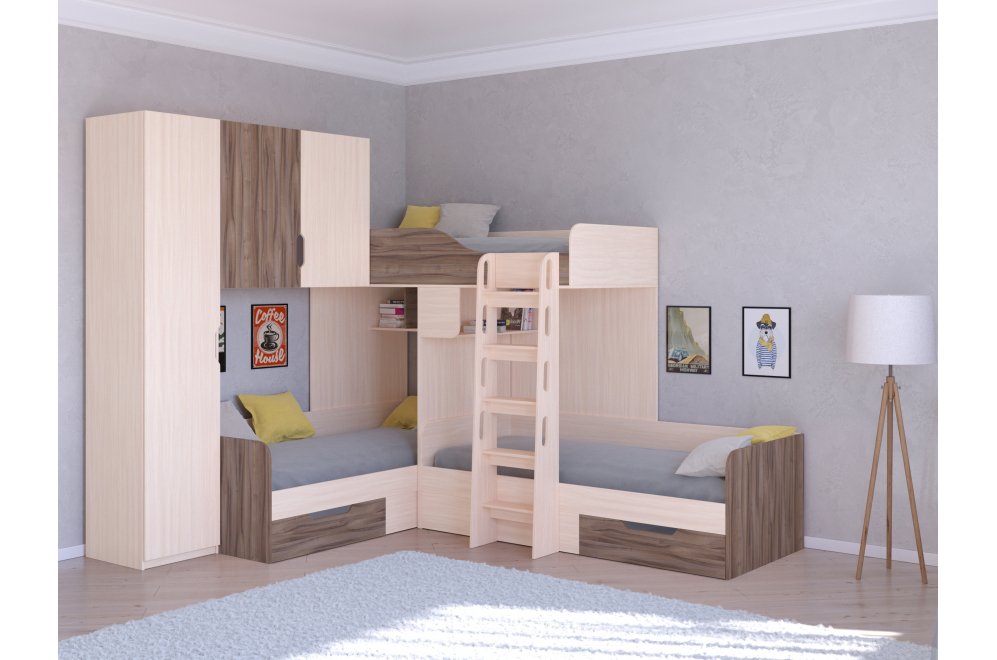 Двухъярусная кровать Трио 1 дуб молочный / орех