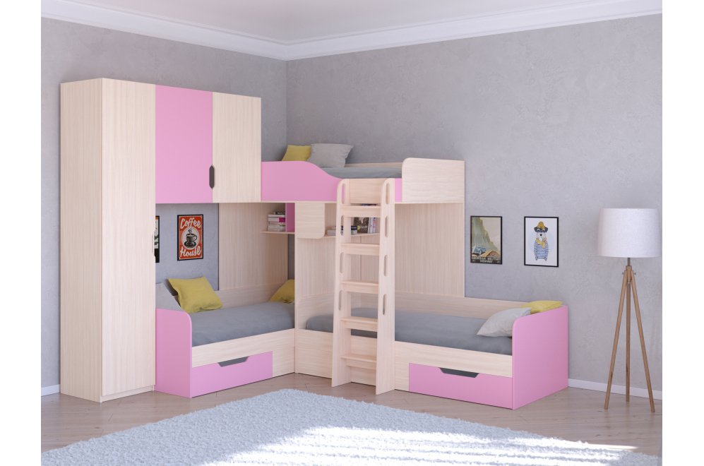 Двухъярусная кровать Трио 1 дуб молочный / розовый