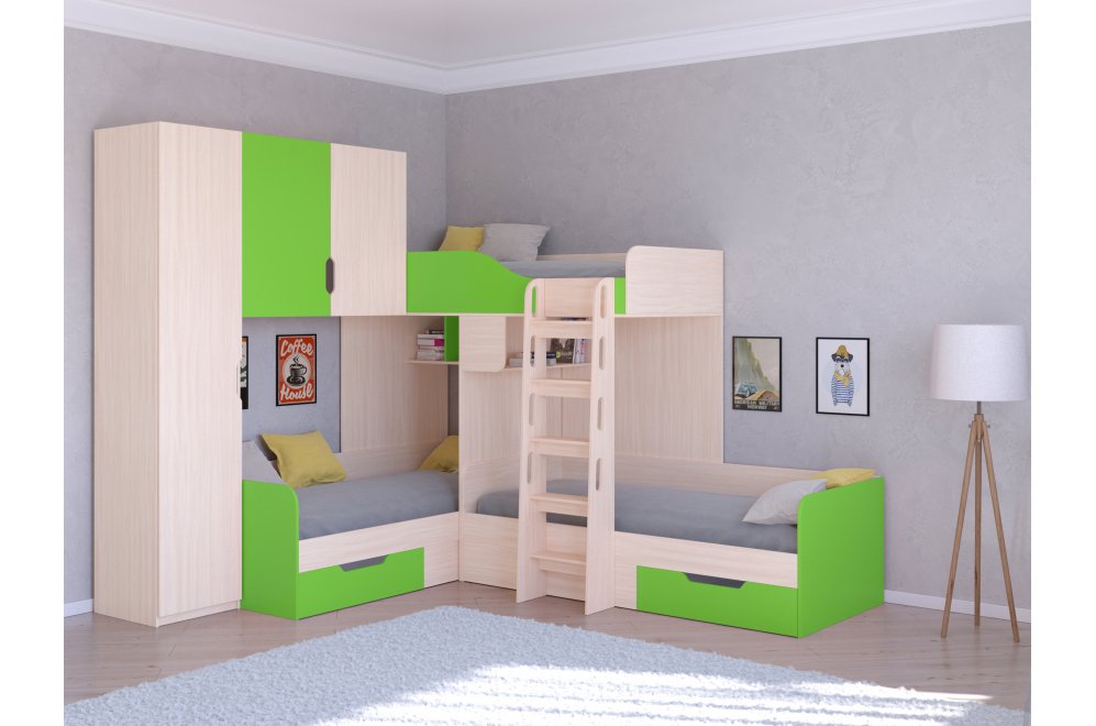 Двухъярусная кровать Трио 1 дуб молочный / салатовый