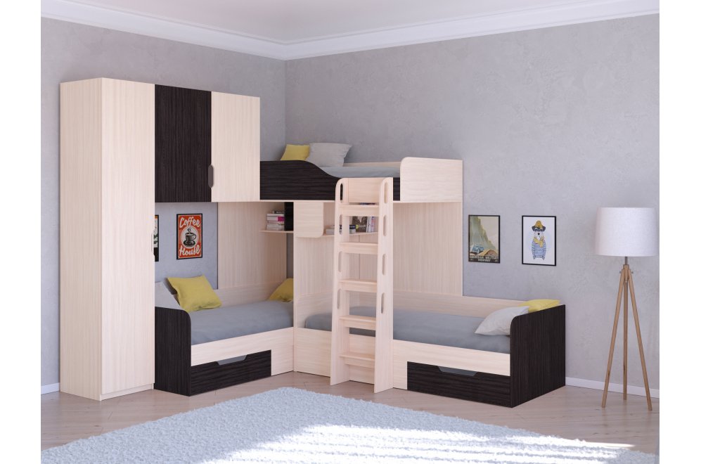Двухъярусная кровать Трио 1 дуб молочный / венге
