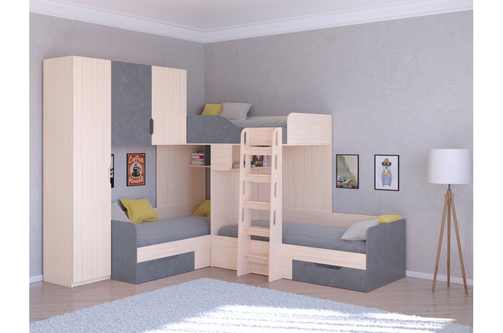 Двухъярусная кровать Трио 1 дуб молочный / железный камень