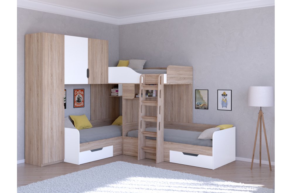 Двухъярусная кровать Трио 1 дуб сонома / белый