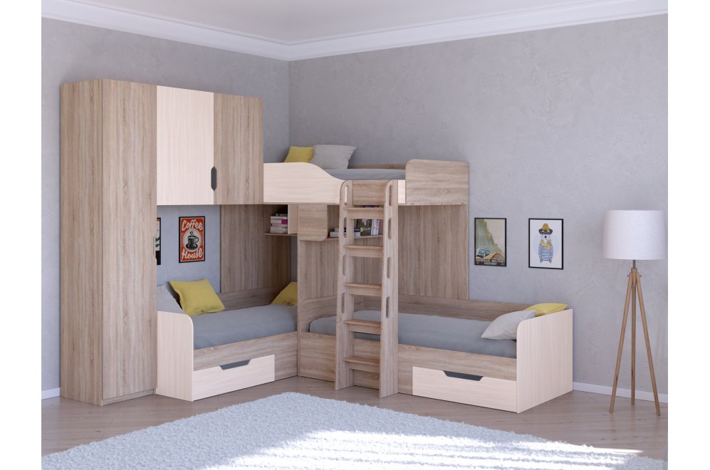 Двухъярусная кровать Трио 1 дуб сонома / дуб молочный