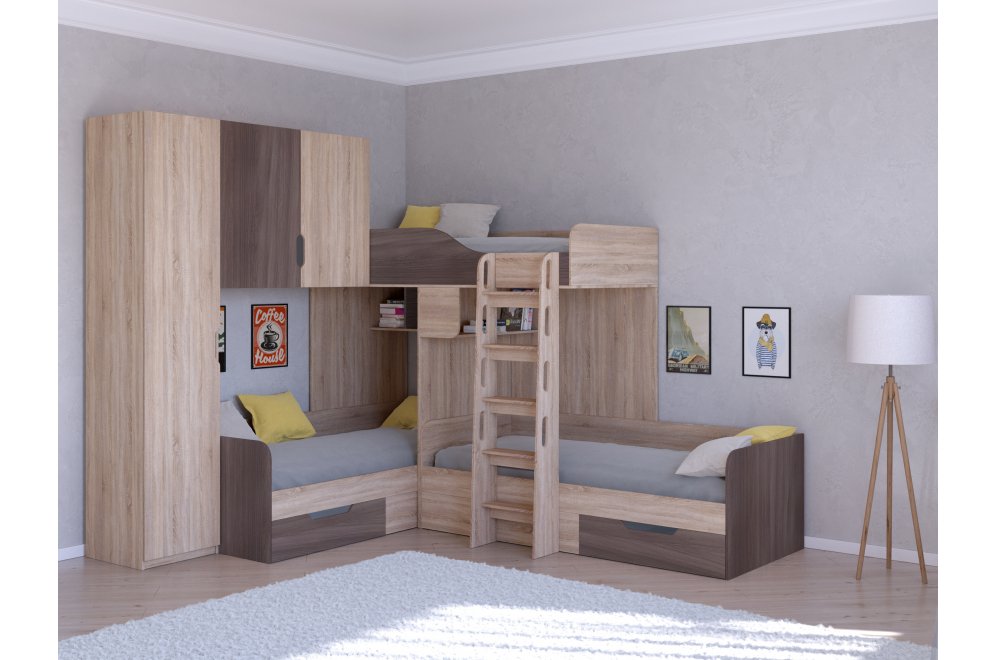 Двухъярусная кровать Трио 1 дуб сонома / дуб шамони
