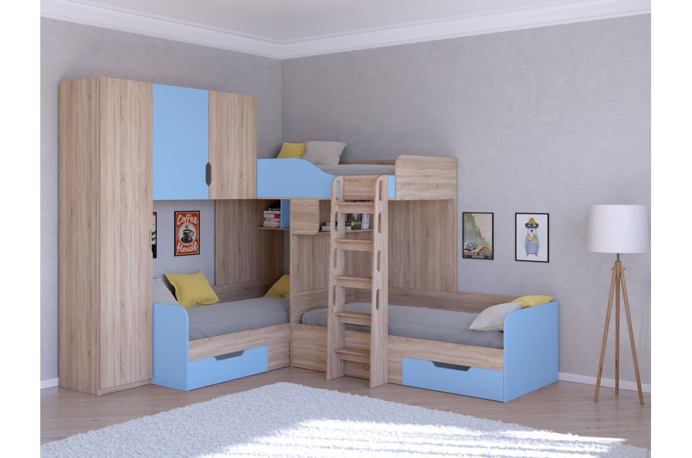 Двухъярусная кровать Трио 1 дуб сонома / голубой