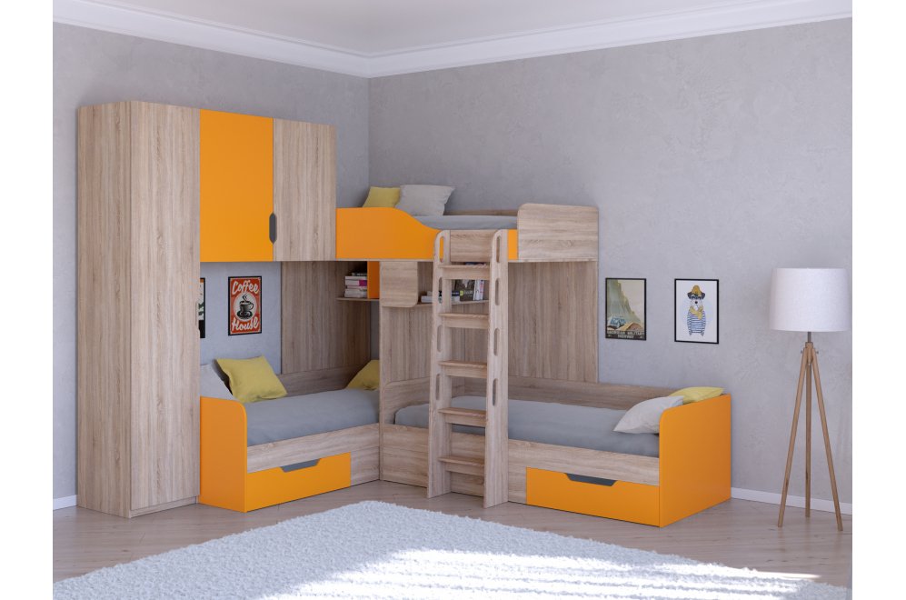 Двухъярусная кровать Трио 1 дуб сонома / оранжевый
