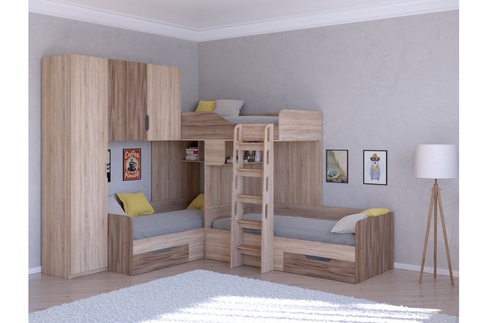Двухъярусная кровать Трио 1 дуб сонома / орех
