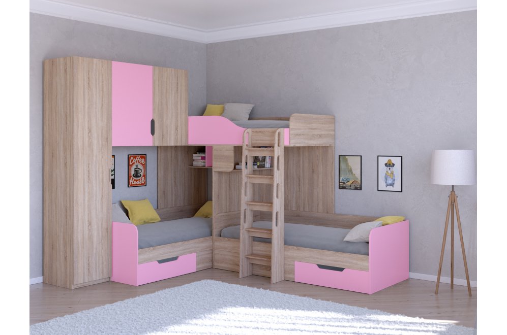 Двухъярусная кровать Трио 1 дуб сонома / розовый