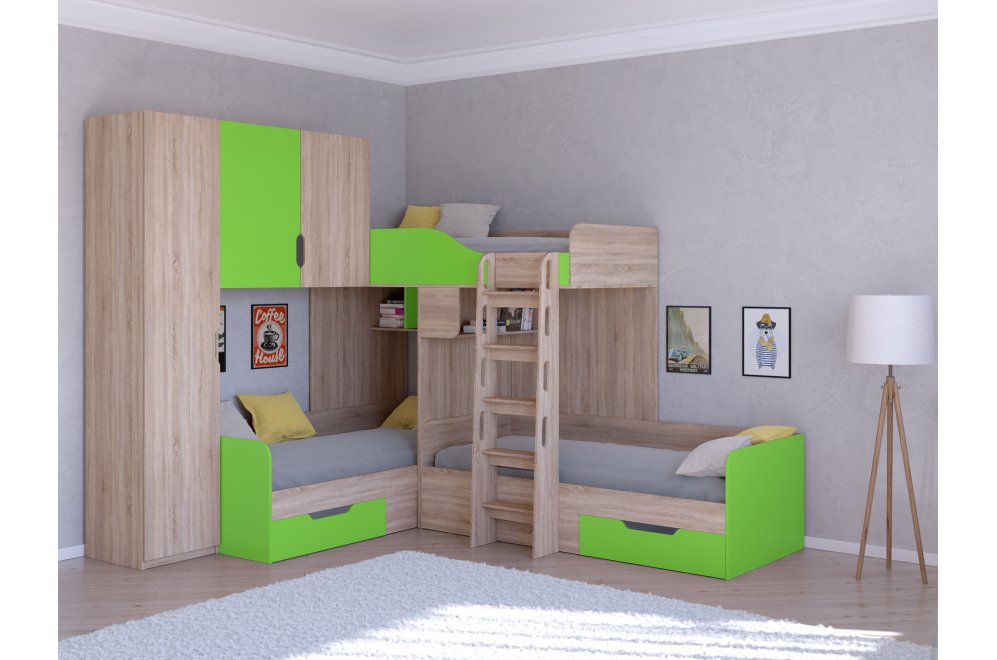 Двухъярусная кровать Трио 1 дуб сонома / салатовый