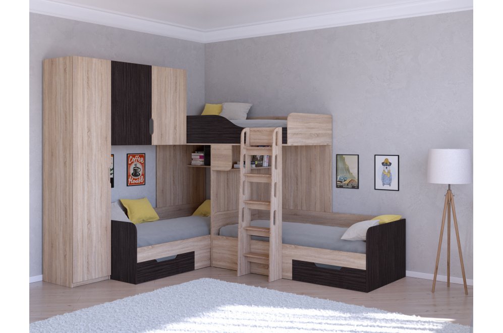 Двухъярусная кровать Трио 1 дуб сонома / венге