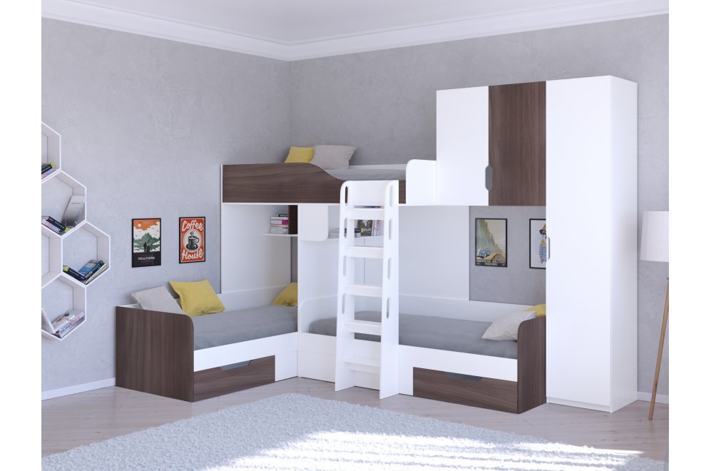 Двухъярусная кровать Трио 2 белый / дуб шамони