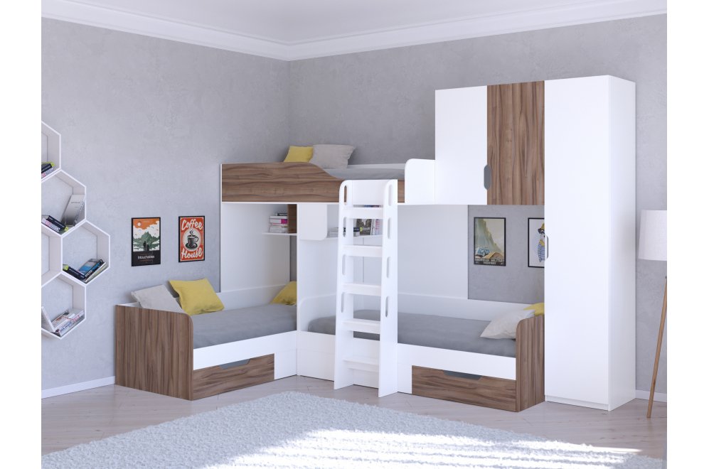 Двухъярусная кровать Трио 2 белый / орех