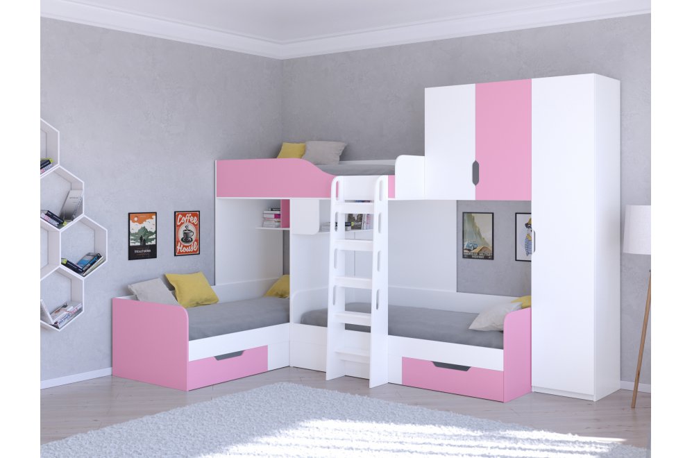 Двухъярусная кровать Трио 2 белый / розовый