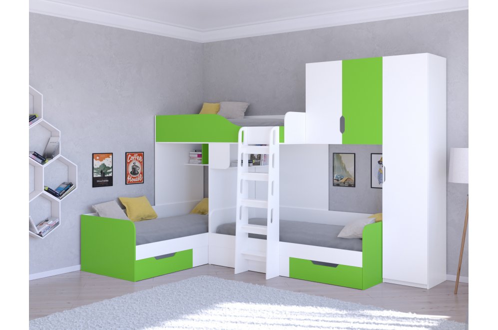 Двухъярусная кровать Трио 2 белый / салатовый