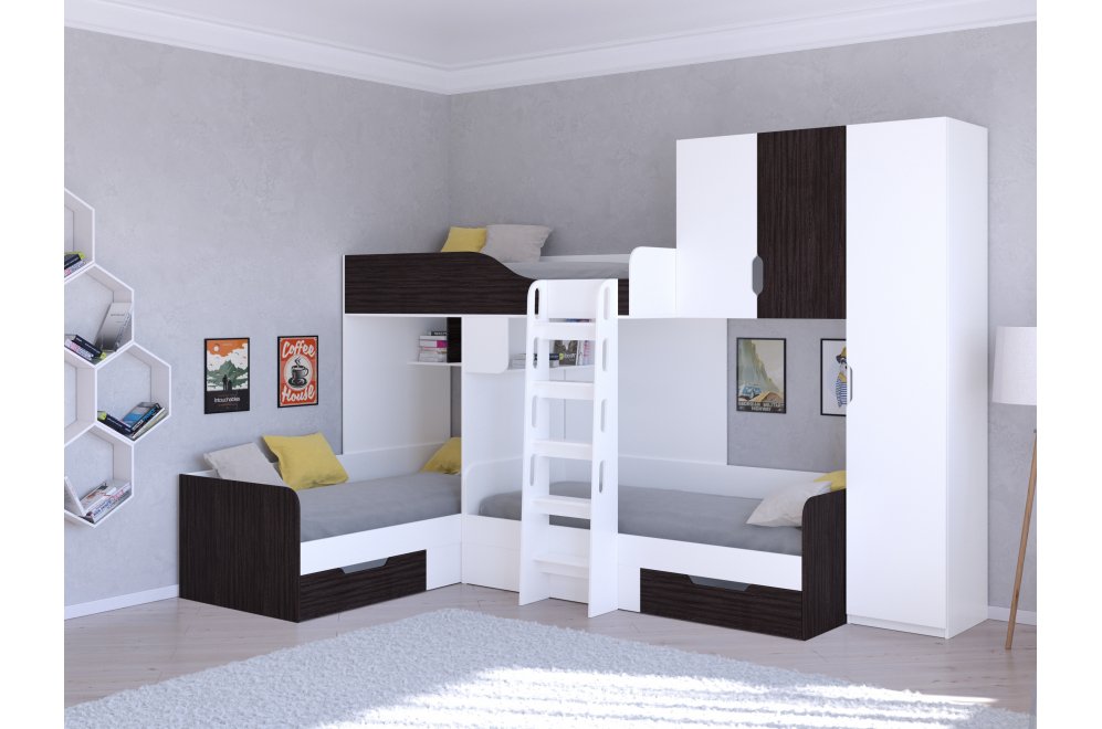 Двухъярусная кровать Трио 2 белый / венге