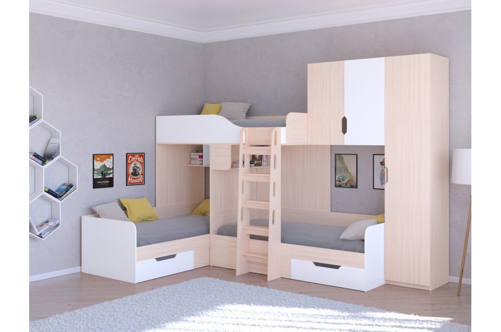 Двухъярусная кровать Трио 2 дуб молочный / белый