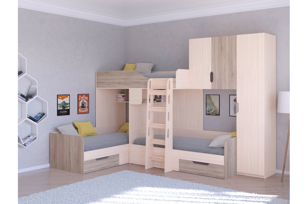 Двухъярусная кровать Трио 2 дуб молочный / дуб сонома