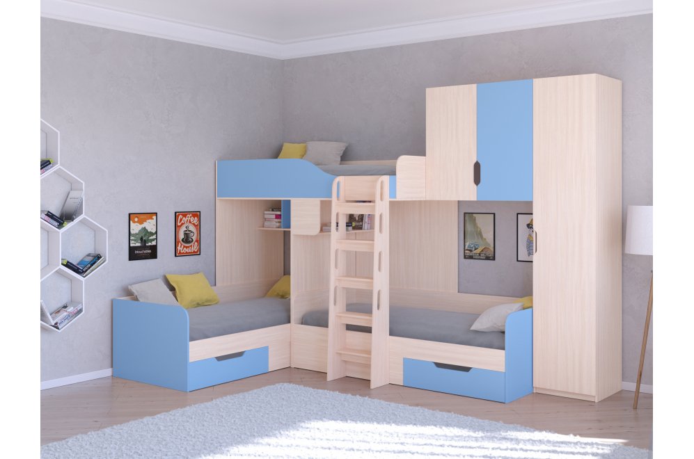 Двухъярусная кровать Трио 2 дуб молочный / голубой