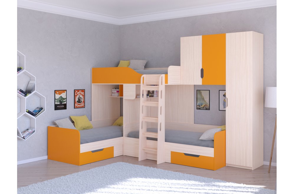 Двухъярусная кровать Трио 2 дуб молочный / оранжевый