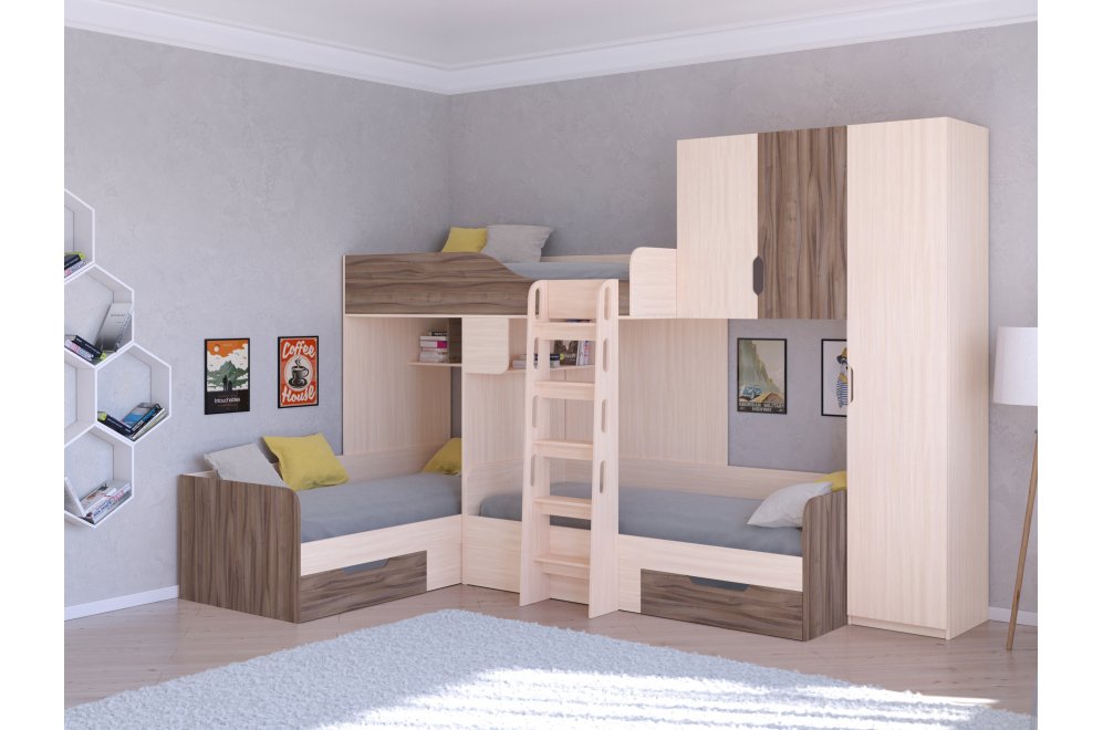 Двухъярусная кровать Трио 2 дуб молочный / орех