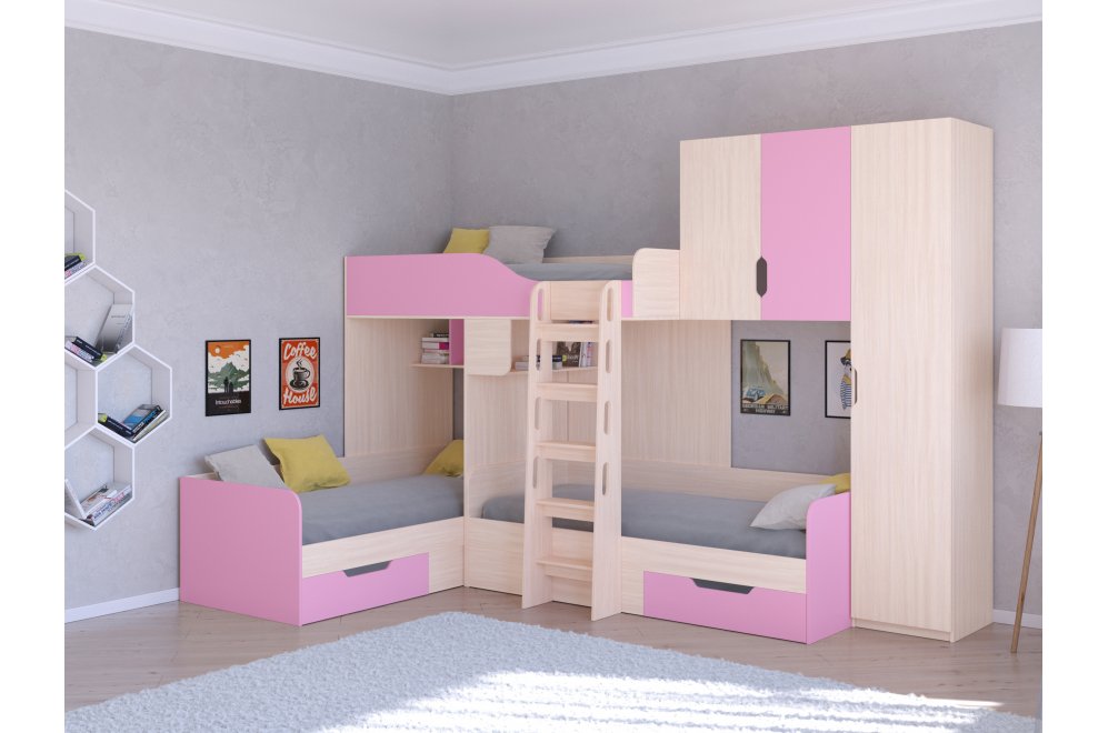 Двухъярусная кровать Трио 2 дуб молочный / розовый