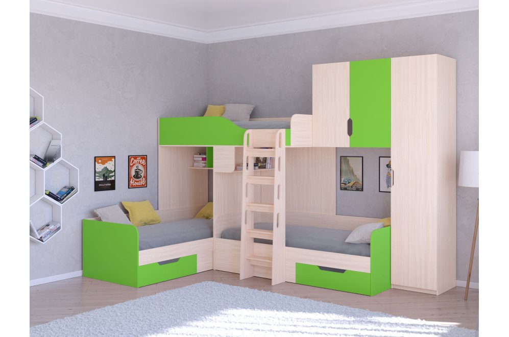 Двухъярусная кровать Трио 2 дуб молочный / салатовый