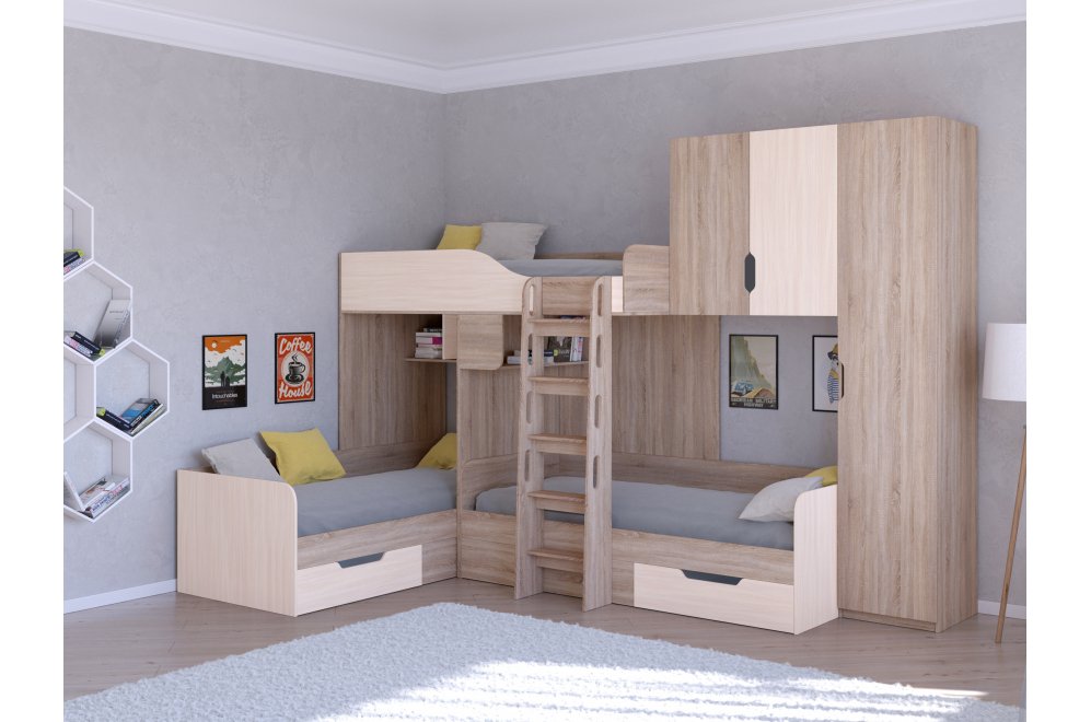 Двухъярусная кровать Трио 2 дуб сонома / дуб молочный