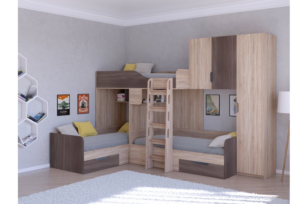Двухъярусная кровать Трио 2 дуб сонома / дуб шамони