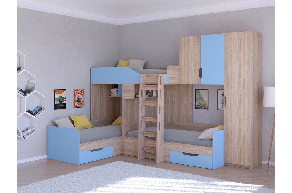 Двухъярусная кровать Трио 2 дуб сонома / голубой